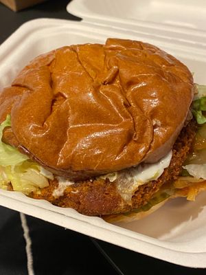 Brioche bun with faux chicken burger at Rudy's Dirty Vegan Diner in North West London