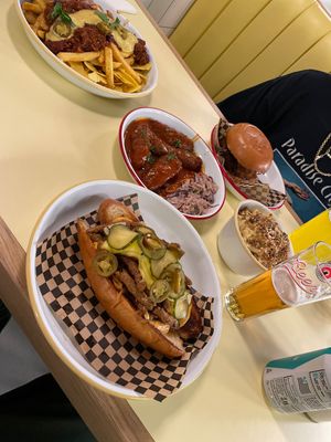 Philly cheese steak, buffalo wings, push pull burger, loaded fries, and Mac n cheese🤤  at Rudy's Dirty Vegan Diner in North West London