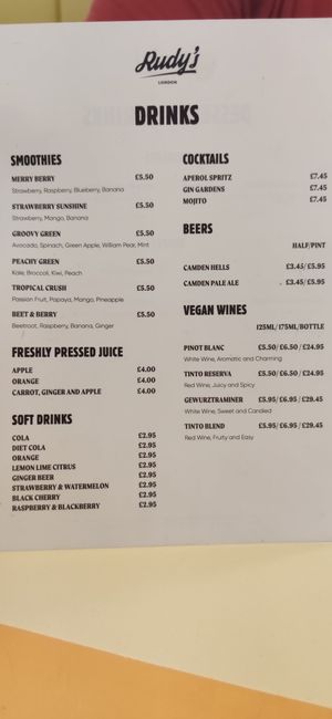 Drinks at Rudy's Dirty Vegan Diner in North West London