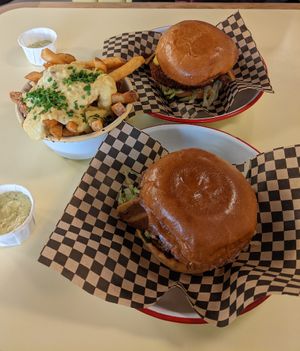 Destructor Chik'n Burger and cheesy fries at Rudy's Dirty Vegan Diner in North West London
