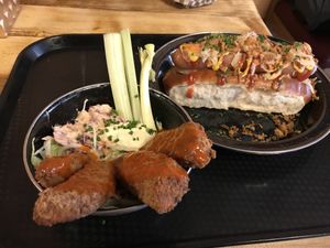 Hot dog and buffalo “chicken"  at Rudy's Dirty Vegan Diner in North West London