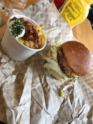 Dirty Burger with a side of Mac n Cheese  at Rudy's Dirty Vegan Diner in North West London