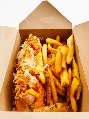 Dirty dog and fries ;-) at Rudy's Dirty Vegan Diner in North West London