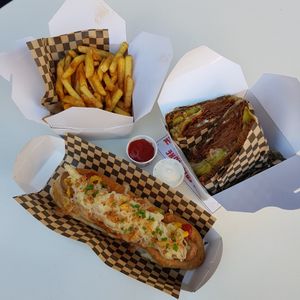 Reuben, hot dog and fries at Rudy's Dirty Vegan Diner in North West London