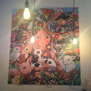 Beautiful vegan painting inside the diner. at Rudy's Dirty Vegan Diner in North West London