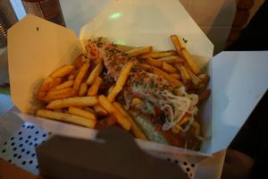 loaded vegan hotdog & fries at Rudy's Dirty Vegan Diner in North West London