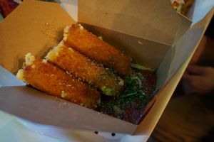 fried cheese sticks!!! at Rudy's Dirty Vegan Diner in North West London