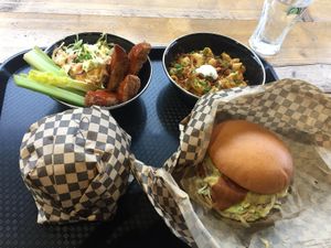 Wings (not great), mac and cheese (AMAZING), Saboteur burgers (average) at Rudy's Dirty Vegan Diner in North West London