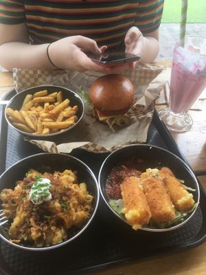 Buffalo chick’n burger and fries, mac and cheese, mozzarella sticks, strawberry shake at Rudy's Dirty Vegan Diner in North West London