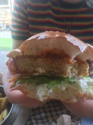 Buffalo chick’n burger made from very good seitan at Rudy's Dirty Vegan Diner in North West London