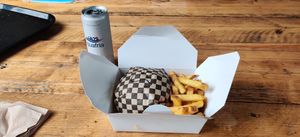 Saboteur burger meal at Rudy's Dirty Vegan Diner in North West London