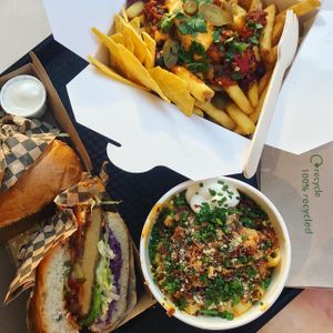 Saboteur burger, dirty fries and mac and cheese  at Rudy's Dirty Vegan Diner in North West London