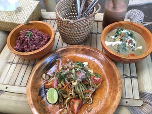 Red rice, mango salad and the jackfruit curry! All excellent could not finish  at Pituq Cafe in 