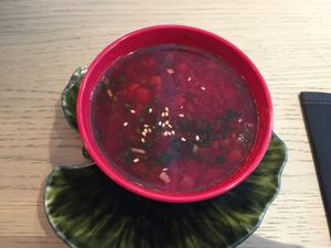 Fantastic red beet soup at Organic Vision in Oostende