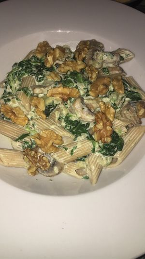 Vegan mushroom spinach stroganoff with walnuts  at Remedio Santo Campo Alegre in Porto
