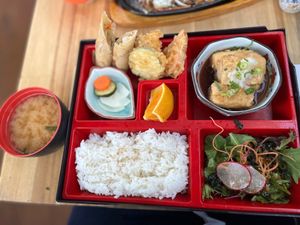 Bento box agadashi tofu and miso  at Komatsu Japanese Cuisine in South Hobart