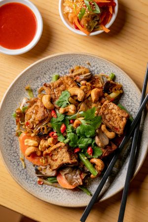Lemongrass + chilli fried tofu. veg + cashews.  at Banh Banh in South East London