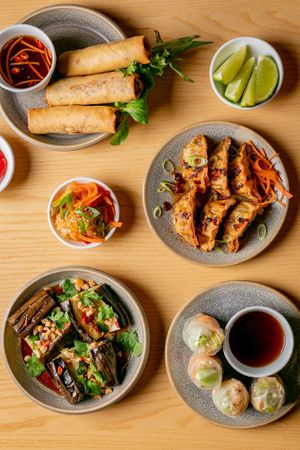 Tofu spring rolls, chive dumplings, kimchi, chargrilled aubergine, tofu summer rolls.  at Banh Banh in South East London