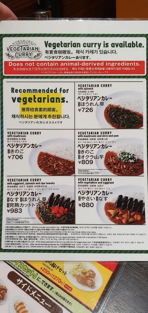 Vegetarian menu at Coco Ichibanya - Chuoku in Osaka