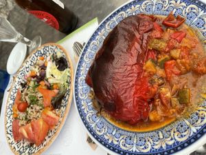 Rice salad on the left, stuffed pepper on the right    at La Lluna in Valencia