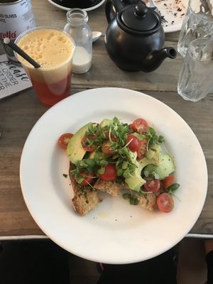 Garlic bruschetta, avocado, cherry tomatoes, cashew nut petrol and basil at The Green Grocer in Amersham
