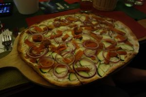 G42 Green Vegan Salmon (with vegan cream, carrot salmon, courgette, and red onions) at Flammerie Alt-Saarbrücken in Saarbrucken