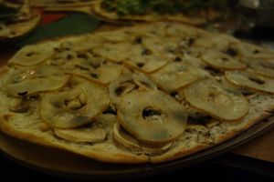 G11 Salty & Sweet (vegan) (with vegan cream, pears, mushrooms, onions, pine kernels, agave syrup, and smoked salt) at Flammerie Alt-Saarbrücken in Saarbrucken