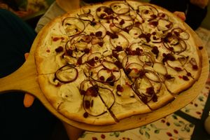 F44 from the special spring menu: Colourful Come On Bert (vegan) (with vegan cream, Come On Bert, mushrooms, red onions, and cranberries) at Flammerie Alt-Saarbrücken in Saarbrucken