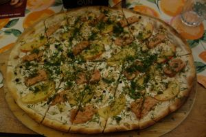 G37 Veganer Lachs-Feta (with vegan cream, carrot salmon, vegan fetta cheese, apples, pickled green pepper corns, vegan honey, and dill) at Flammerie Alt-Saarbrücken in Saarbrucken