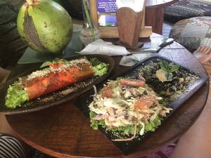 Pure heaven!! Raw pizza and papaya wrap! at Cacao Flow in Jimbaran