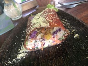 Inside the papaya wrap  at Cacao Flow in Jimbaran
