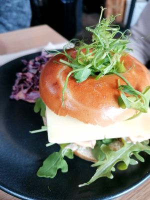 Spicy chick'n and bacon bagel with slaw at Birdhouse in Sheffield