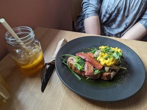Vegan 'eggs' benedict with iced tea at Birdhouse in Sheffield