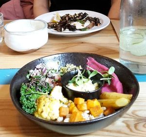 pancakes and buddha bowl. both vegan. at Birdhouse in Sheffield