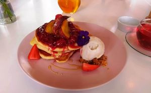 Vegan peach melba pancakes for breakfast at Birdhouse in Sheffield