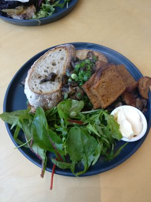 Sourdough, seitan bacon and mushroom ragu at McCune Smith Cafe in Glasgow