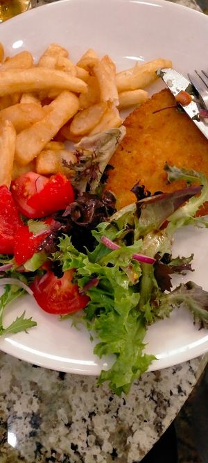 Schnitzel chips and salad at Caboolture Sports Club in Morayfield