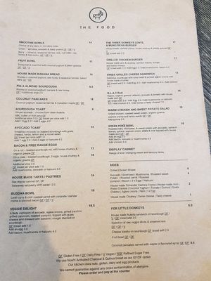 Menu at Three Donkeys in Wamberal