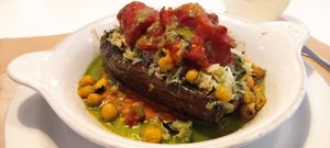 Aubergine stuffed with basmati rice and tomato (tomate confitado) at Les Maduixes in Valencia