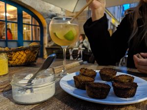 Cheese dip and veggie balls (like falafel) at ChaCha in Nantes