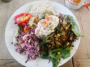 Gorgeous freshly prepared vegan food. Highly recommended. I had the pan-fried vegetables and houmous on a jacket potato. Lovely! at Mojo's Music Cafe in Scarborough