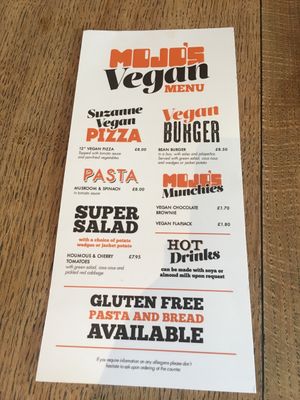 Vegan menu side 1 at Mojo's Music Cafe in Scarborough