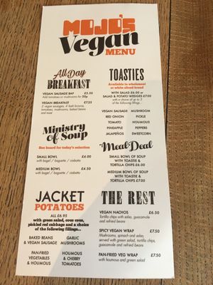 Vegan menu side 2 at Mojo's Music Cafe in Scarborough
