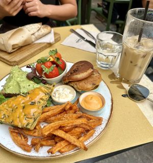 Vegan mixed brunch plate & iced oat vanilla latte  at Shake Cafe - Camillo Cavour in Florence