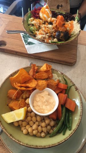Nearest - vegan noodle bowl, furthest - vegie rice bowl  at Shake Cafe - Camillo Cavour in Florence