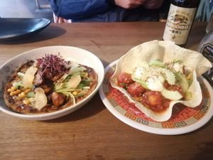 Starters... Mock duck pancake and a tofu dish at Jumon in Belfast