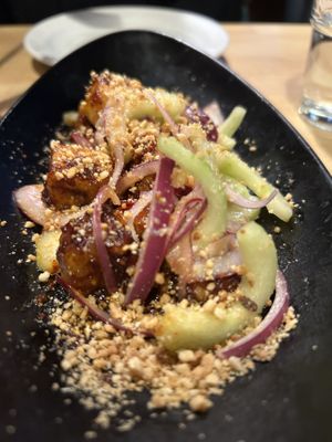 Kkanpoong Tofu glazed tofu, cucumber & caramelised peanut  at Jumon in Belfast