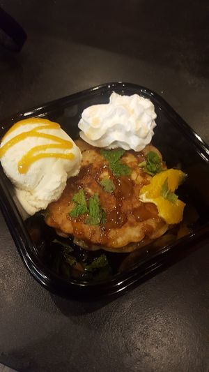 Cinnamon pancakes with vanilla icream and toffee sauce! Yum x at Marees Sauces and Food in London