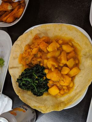 Pumpkin, chana and spinach roti at Marees Sauces and Food in London