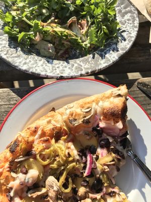 Supreme pizza with vegan chz and fingerling potatoes instead of the meat.  at Frontagers in Pacific Beach